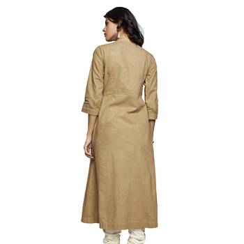 Women's Solid Beige Cotton Calf Length A-line Kurti 2