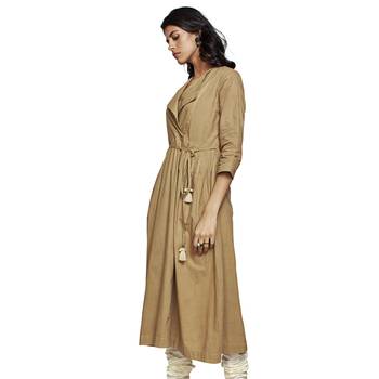 Women's Solid Beige Cotton Calf Length A-line Kurti 3
