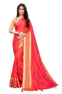 Pink embroidered poly silk saree with blouse 1