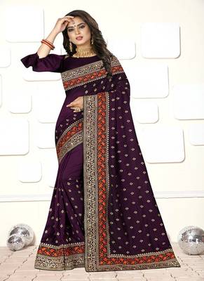 Dark purple embroidered art silk saree with blouse 1