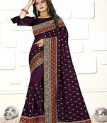 Dark purple embroidered art silk saree with blouse
