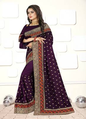 Dark purple embroidered art silk saree with blouse 2