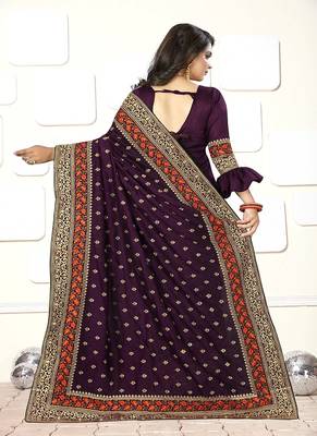 Dark purple embroidered art silk saree with blouse 3
