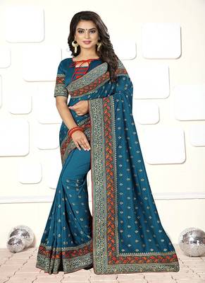 Teal embroidered art silk saree with blouse 1