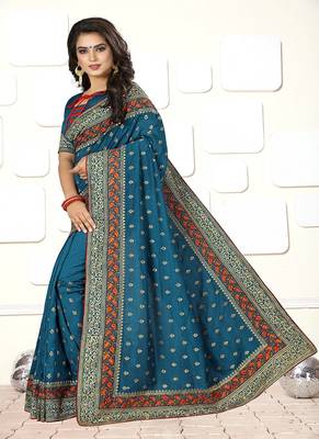 Teal embroidered art silk saree with blouse 2