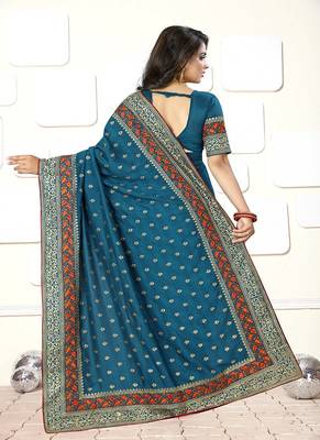 Teal embroidered art silk saree with blouse 3