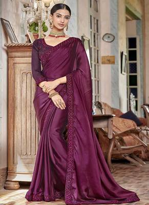 Dark purple embroidered silk saree with blouse 1