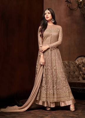 Brown Color Net Embroidered Semi-stitched Anarkali Suit 1
