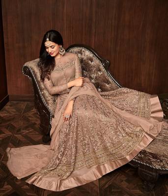 Brown Color Net Embroidered Semi-stitched Anarkali Suit 2