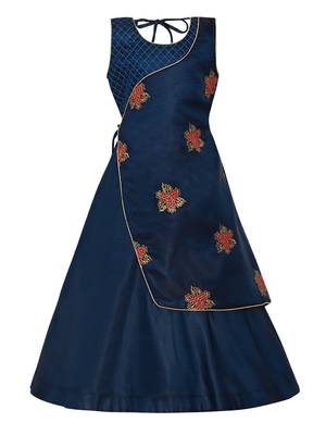 Blue Plain Silk Blend Kids-Girl-Gowns 1