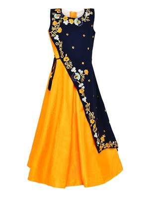 Yellow Plain Silk Blend Kids-Girl-Gowns 1