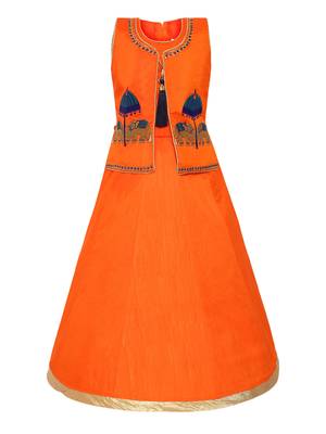 Orange Plain Silk Blend Kids-Girl-Gowns 1