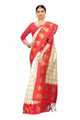 White and Red Printed Art Silk Saree With Blouse 1