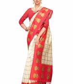 White and Red Printed Art Silk Saree With Blouse