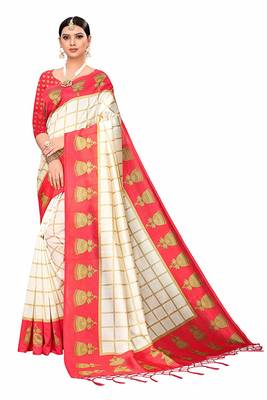 White and Red Printed Art Silk Saree With Blouse 2
