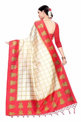 White and Red Printed Art Silk Saree With Blouse 3