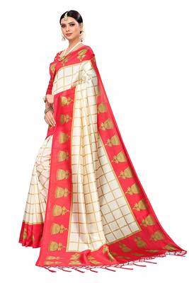 White and Red Printed Art Silk Saree With Blouse 4