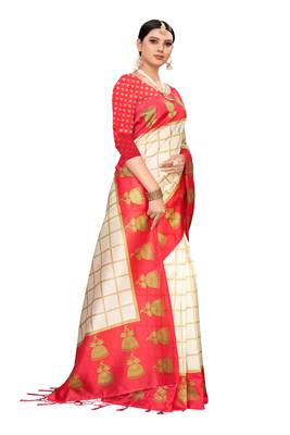 White and Red Printed Art Silk Saree With Blouse 5