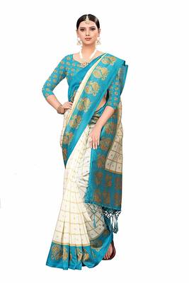 White and Blue Printed Art Silk Saree With Blouse 1