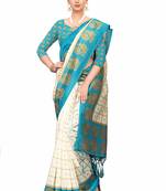 White and Blue Printed Art Silk Saree With Blouse