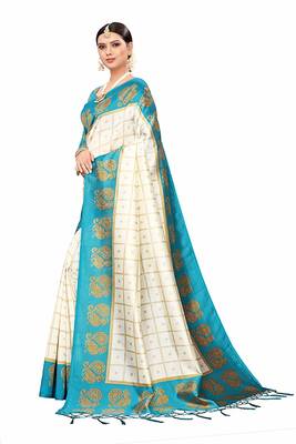 White and Blue Printed Art Silk Saree With Blouse 4