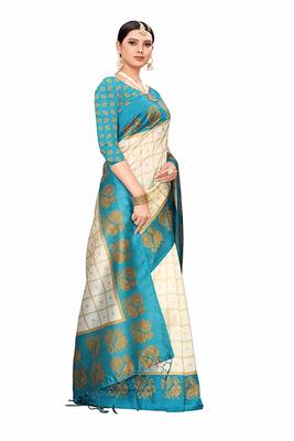 White and Blue Printed Art Silk Saree With Blouse 5