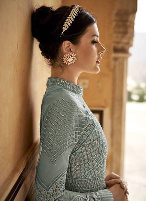 Light-teal embroidered net salwar 2