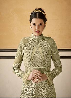 Olive embroidered net salwar 4