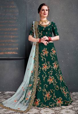 Ethnic Dark-Green Embroidered Wedding Designer Bridesmaid Lehenga Choli With Dupatta 1