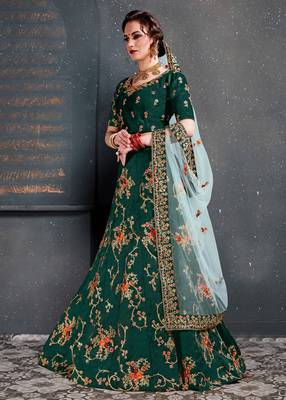 Ethnic Dark-Green Embroidered Wedding Designer Bridesmaid Lehenga Choli With Dupatta 3