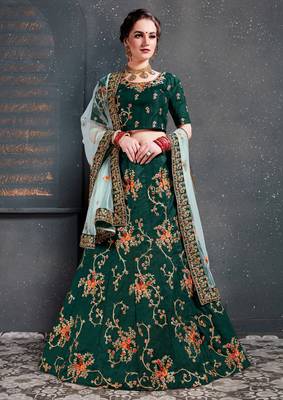 Ethnic Dark-Green Embroidered Wedding Designer Bridesmaid Lehenga Choli With Dupatta 4