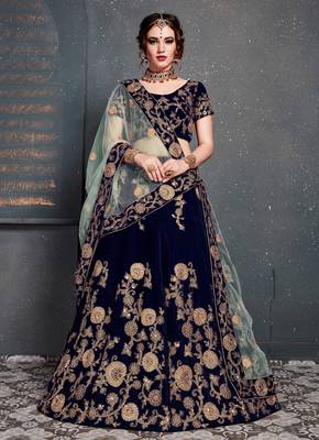 dark blue zari embroidered wedding bridal velvet lehenga set choli with dupatta with dupatta 1