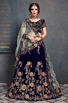 Dark-Blue Colored Zari Embroidered Wedding Bridal Velvet Lehenga Choli With Dupatta