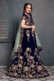 dark blue zari embroidered wedding bridal velvet lehenga set choli with dupatta with dupatta