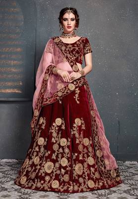 Engrossing Maroon Zari Embroidered Wedding Bridal Velvet Lehenga Choli With Dupatta 1