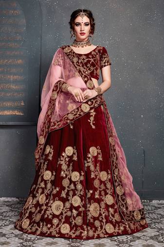 Engrossing Maroon Zari Embroidered Wedding Bridal Velvet Lehenga Choli With Dupatta