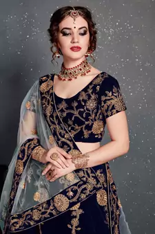 dark blue zari embroidered wedding bridal velvet lehenga set choli with dupatta with dupatta
