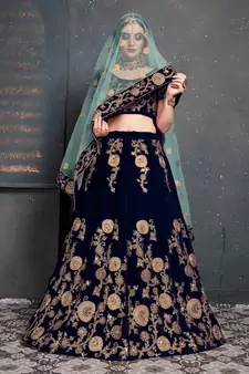 dark blue zari embroidered wedding bridal velvet lehenga set choli with dupatta with dupatta