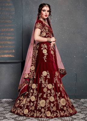 Engrossing Maroon Zari Embroidered Wedding Bridal Velvet Lehenga Choli With Dupatta 3