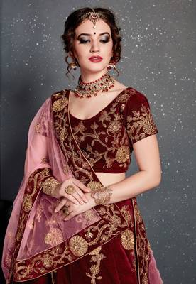 Engrossing Maroon Zari Embroidered Wedding Bridal Velvet Lehenga Choli With Dupatta 4