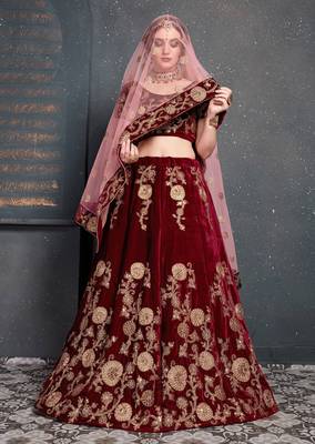 Engrossing Maroon Zari Embroidered Wedding Bridal Velvet Lehenga Choli With Dupatta 5