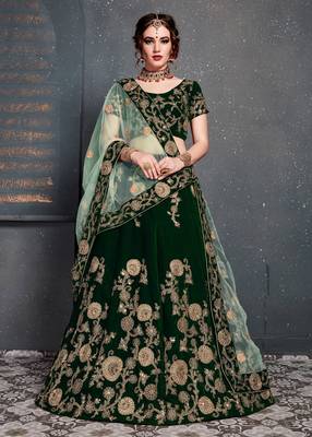 Dazzling Dark-Green Embroidered Velvet Wedding Bridal Lehenga Choli With Dupatta 1