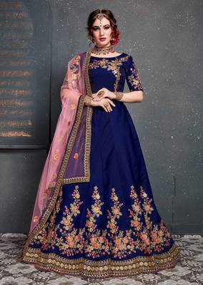 blue dupion silk embroidered lehenga set choli with dupatta  1