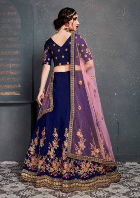 blue dupion silk embroidered lehenga set choli with dupatta  2
