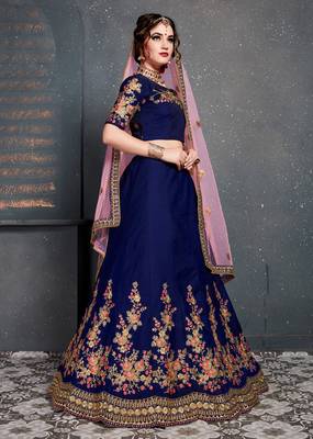 blue dupion silk embroidered lehenga set choli with dupatta  3