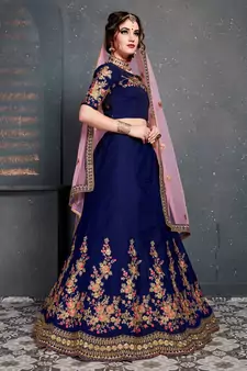blue dupion silk embroidered lehenga set choli with dupatta 