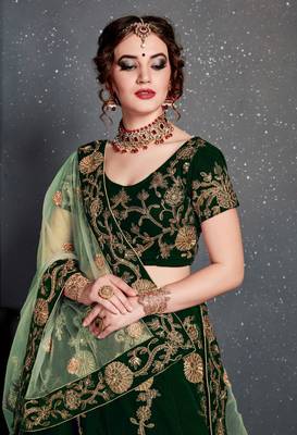 Dazzling Dark-Green Embroidered Velvet Wedding Bridal Lehenga Choli With Dupatta 4