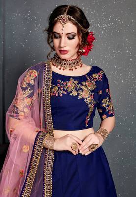 blue dupion silk embroidered lehenga set choli with dupatta  4