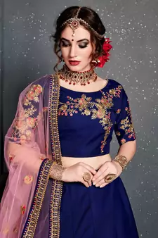 blue dupion silk embroidered lehenga set choli with dupatta 