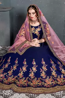 blue dupion silk embroidered lehenga set choli with dupatta 